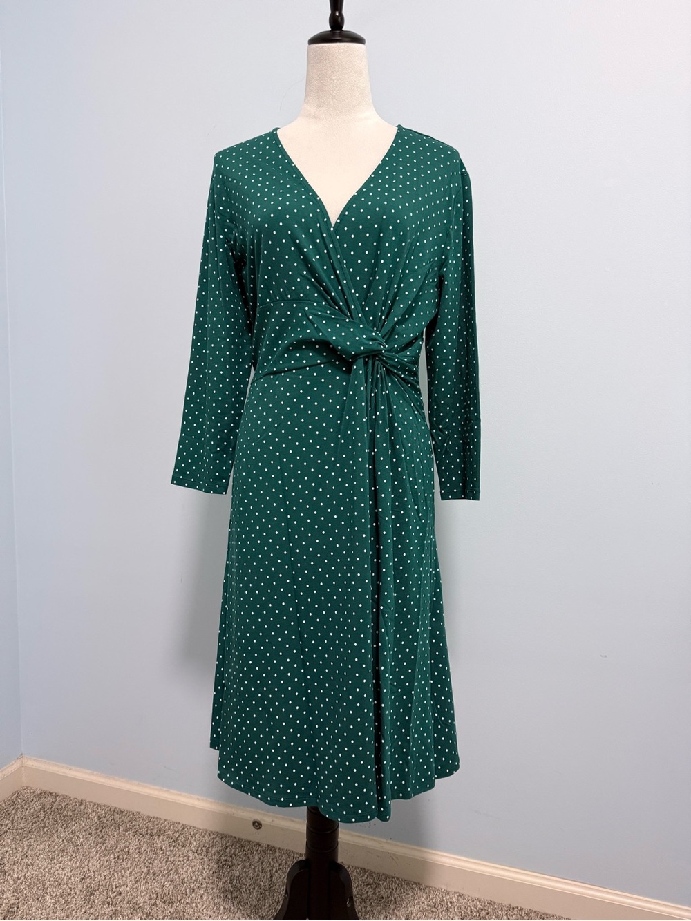 Lands End Women’s Polkadot 3/4 Sleeve Green dress Size M